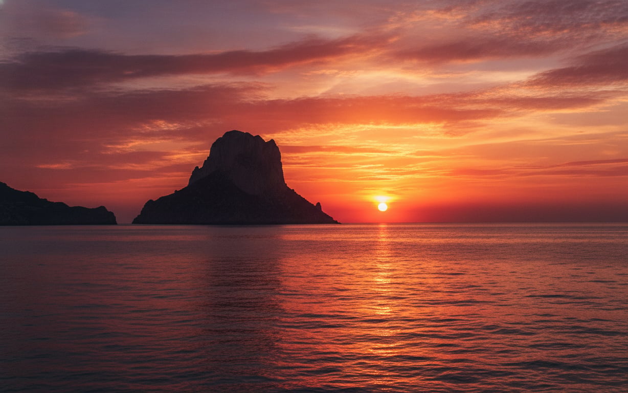 Apus de soare spectaculos peste stânca Es Vedrà din Ibiza