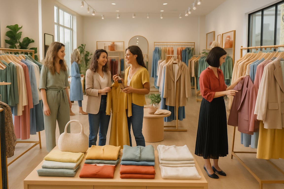 A photorealistic shot capturing the interior of a brightly lit, modern boutique with carefully curated clothing displays, showcasing a variety of styles and colors, with shoppers browsing and interacting with staff, reflecting a welcoming and stylish atmosphere, emphasizing the boutique's unique shopping experience.
