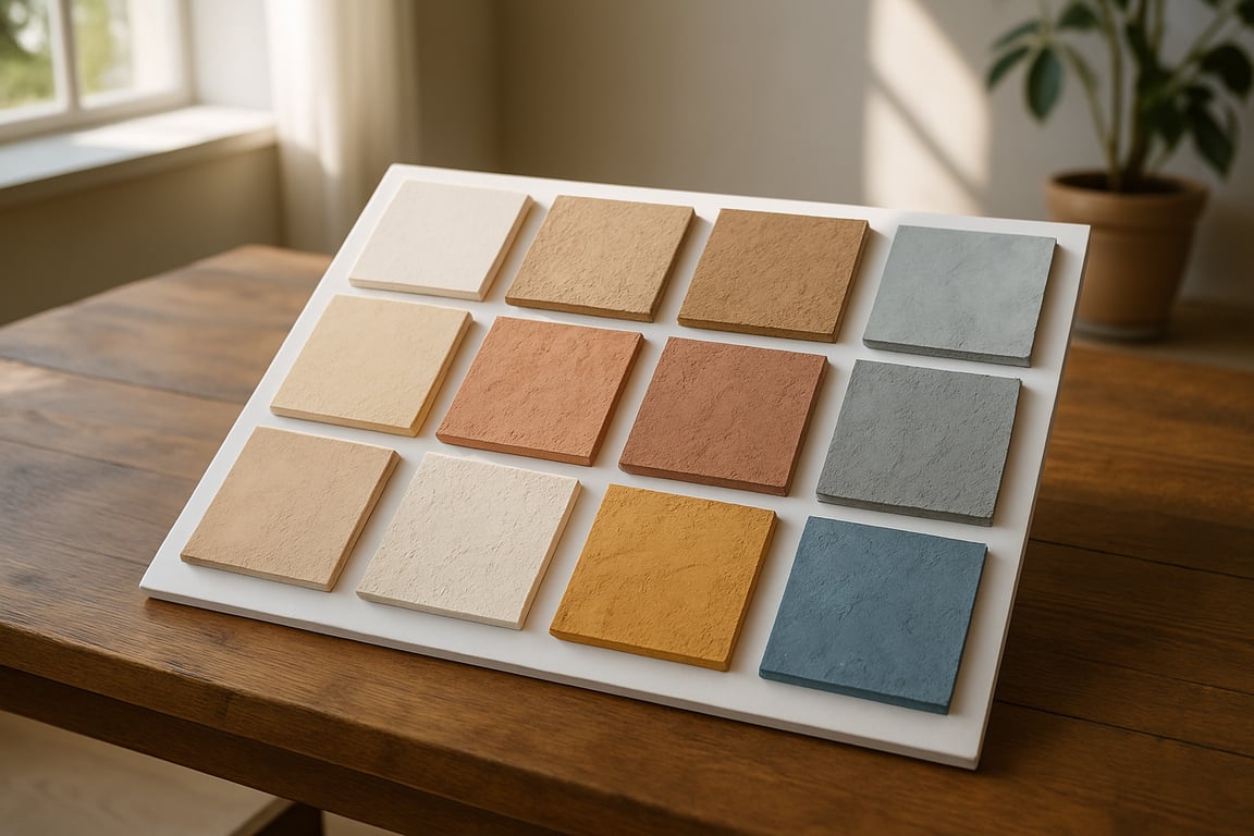 A photorealistic shot capturing a color palette with various shades of decorative plaster samples, arranged on a wooden table in a well-lit room. The samples showcase different textures and finishes, ranging from smooth to textured. The lighting is bright and natural, highlighting the colors and textures of the plaster samples.