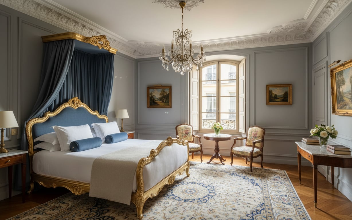 Cameră elegantă de hotel boutique cu mobilier clasic francez și lumină naturală