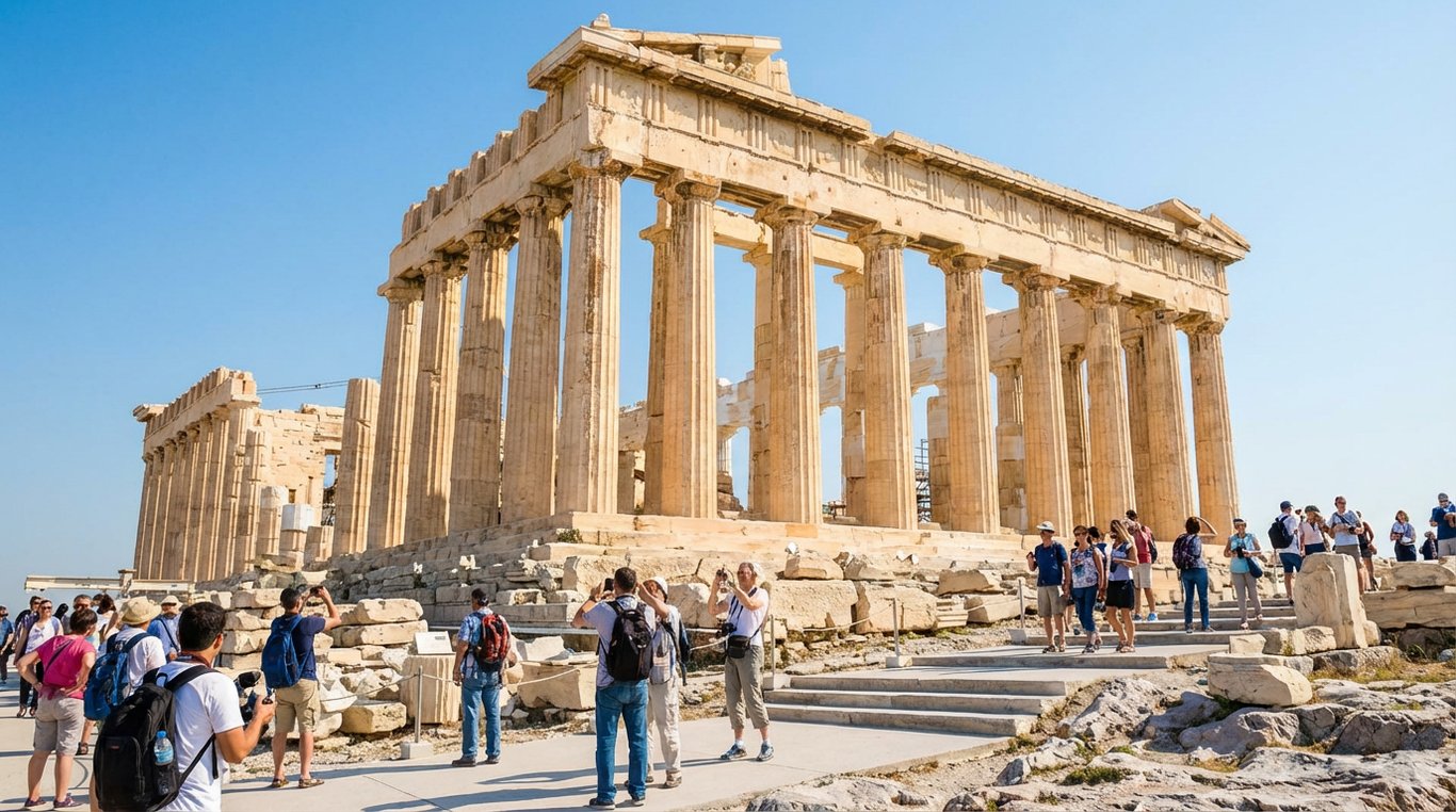 Partenonul pe Acropola Atenei cu coloane dorice și turiști explorând monumentul antic grecesc