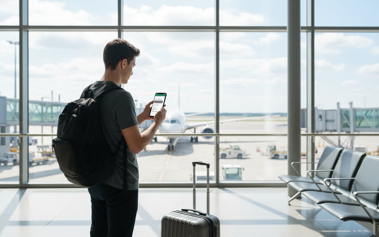 Pasager care verifică pe telefon un bilet de avion către Tbilisi înainte de zbor