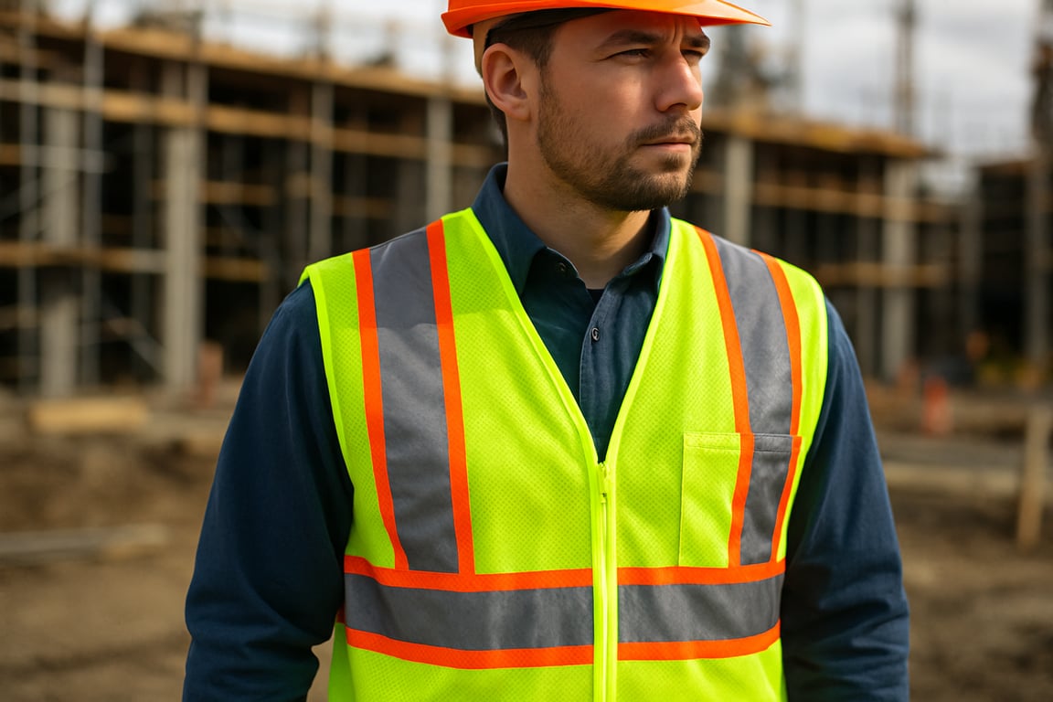 A close-up photorealistic shot of a construction worker wearing a high-visibility reflective vest, focusing on the reflective stripes and fluorescent material, during daylight with natural lighting, emphasizing the visibility and safety features of the vest, worker in a blurred construction site background, medium shot.