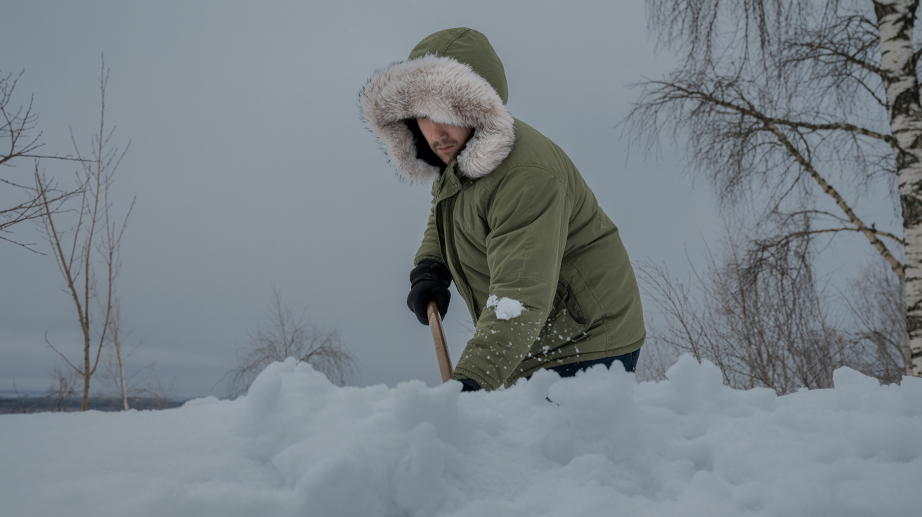 Worker in winter jacket in snowy environment, demonstrating cold weather protection