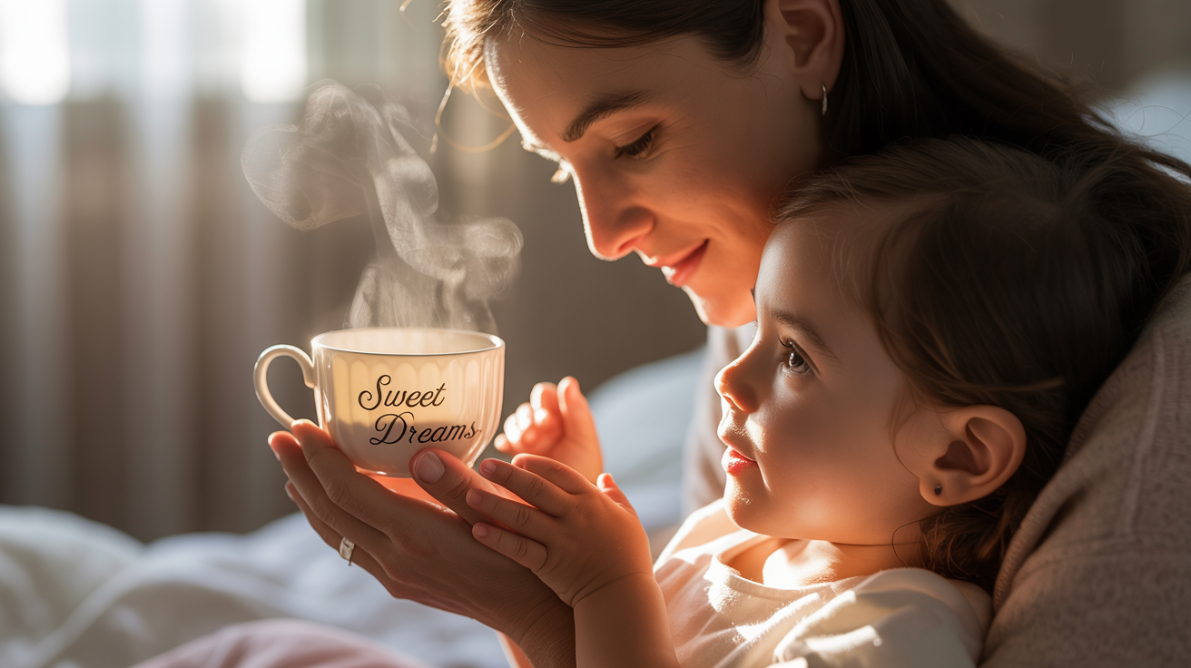 O mamă oferă ceai de mușețel copilului, remediu blând pentru tuse