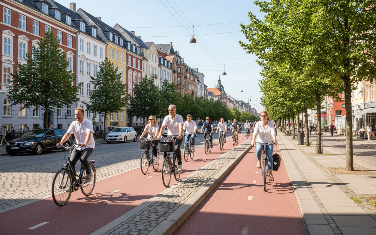 Bicicliști pe pistele din Copenhaga în zi însorită de vară