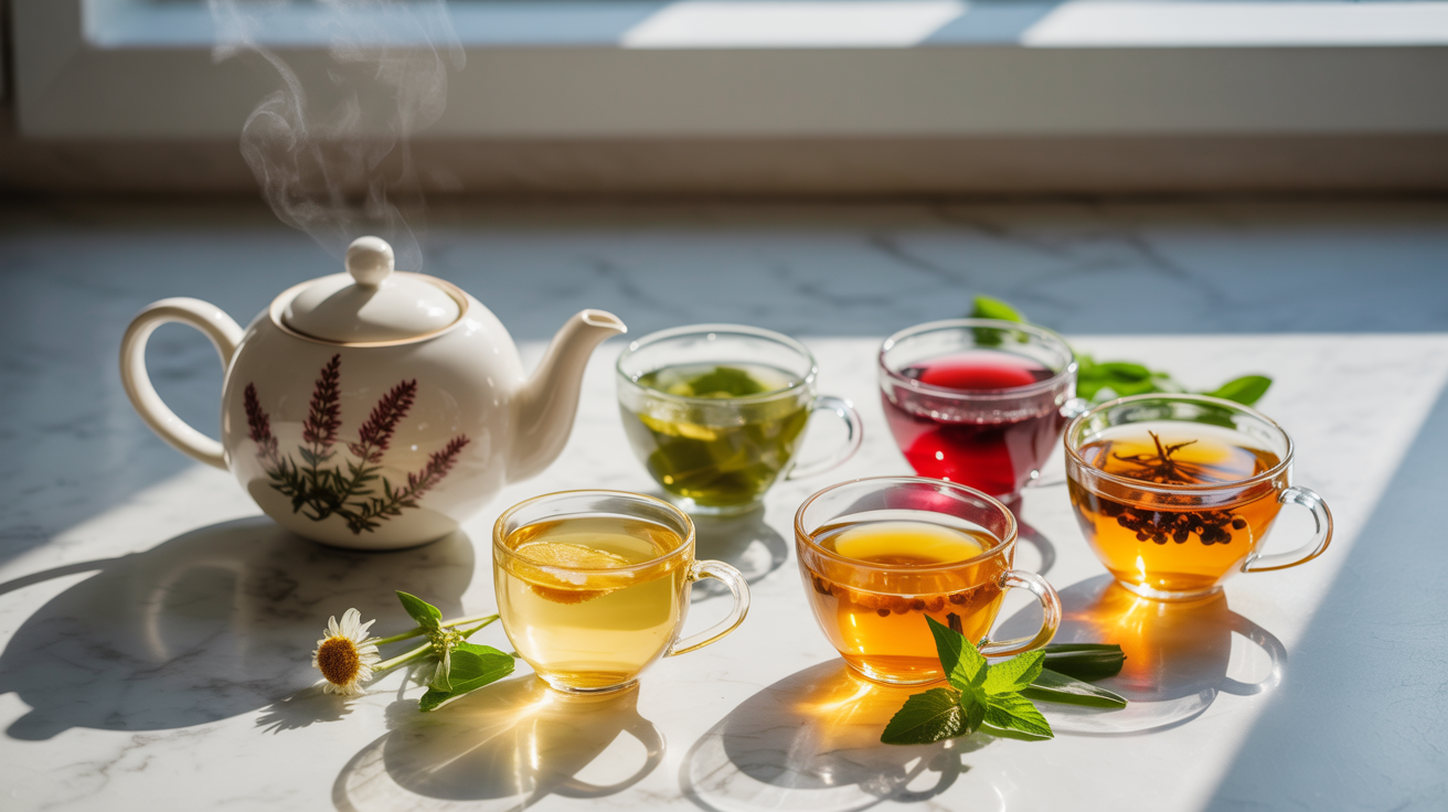 Various herbal teas for immunity on a bright background