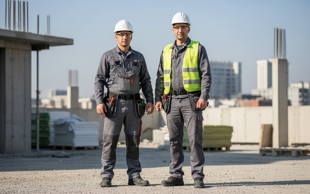 Comparatie vizuala între pantaloni cu pieptar si pantaloni cu talie pe santier