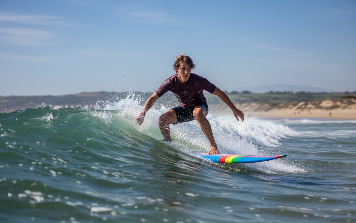 Surfer tânăr pe val pe coasta Atlanticului lângă Agadir, cu placă colorată de surf