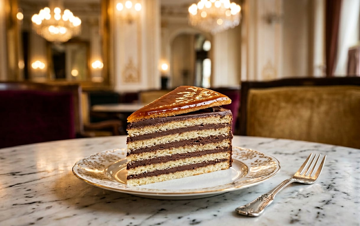 Tort Dobos tradițional unguresc cu șapte straturi și caramel crocant servit la Café Gerbeaud din Budapesta