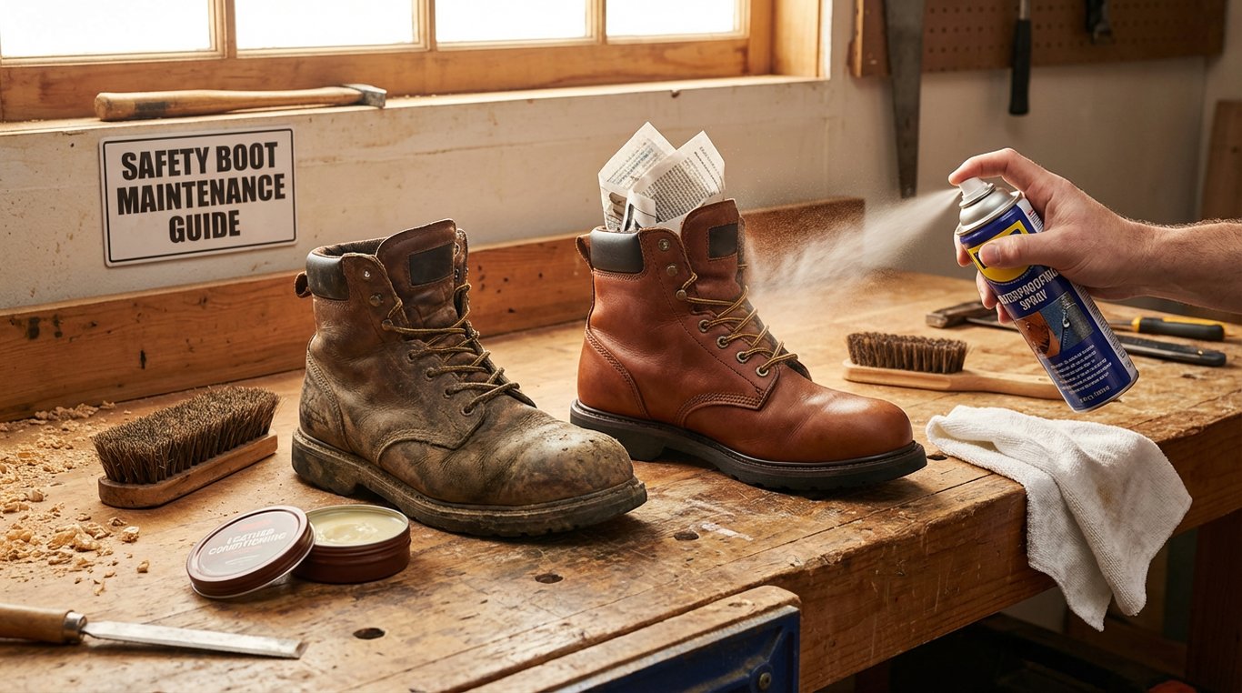 Proces de întreținere și curățare a bocancilor de protecție cu produse specializate pentru piele