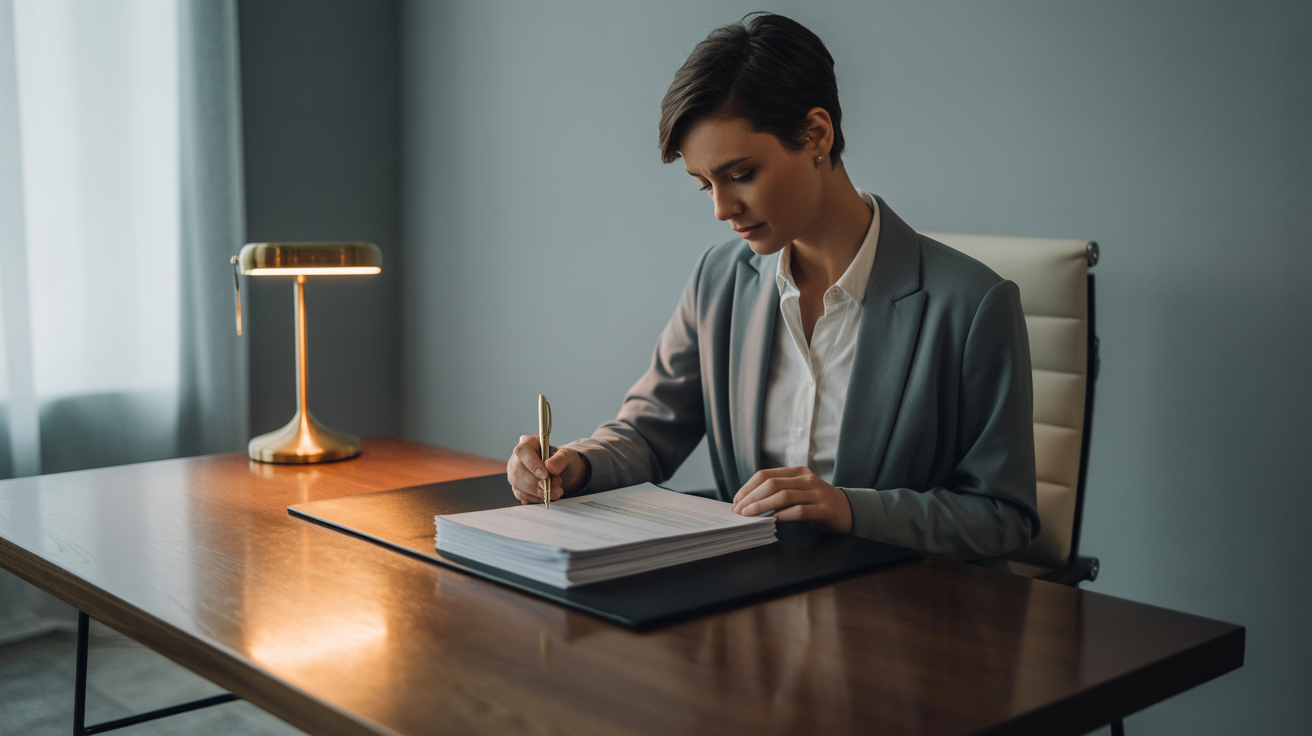 Άνθρωπος που υπογράφει έγγραφα σε ένα γραφείο, συμβολίζοντας νομικές διαδικασίες