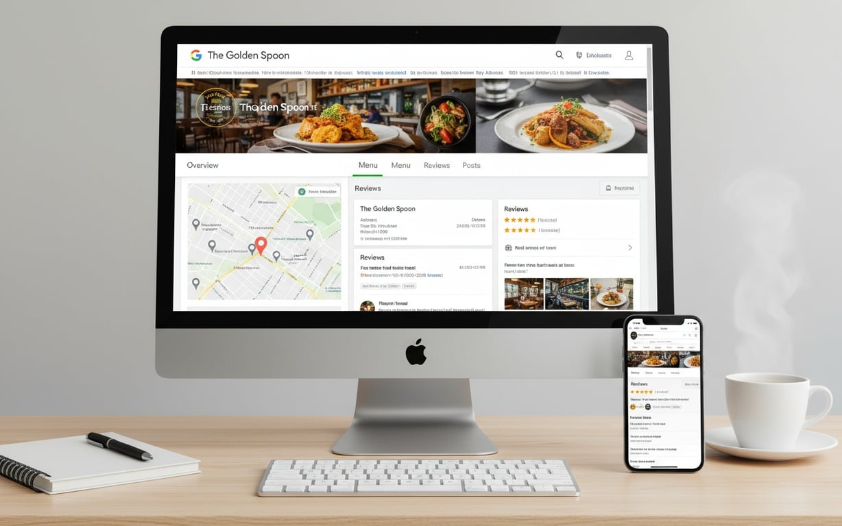Google My Business interface showing optimized local business profile with reviews