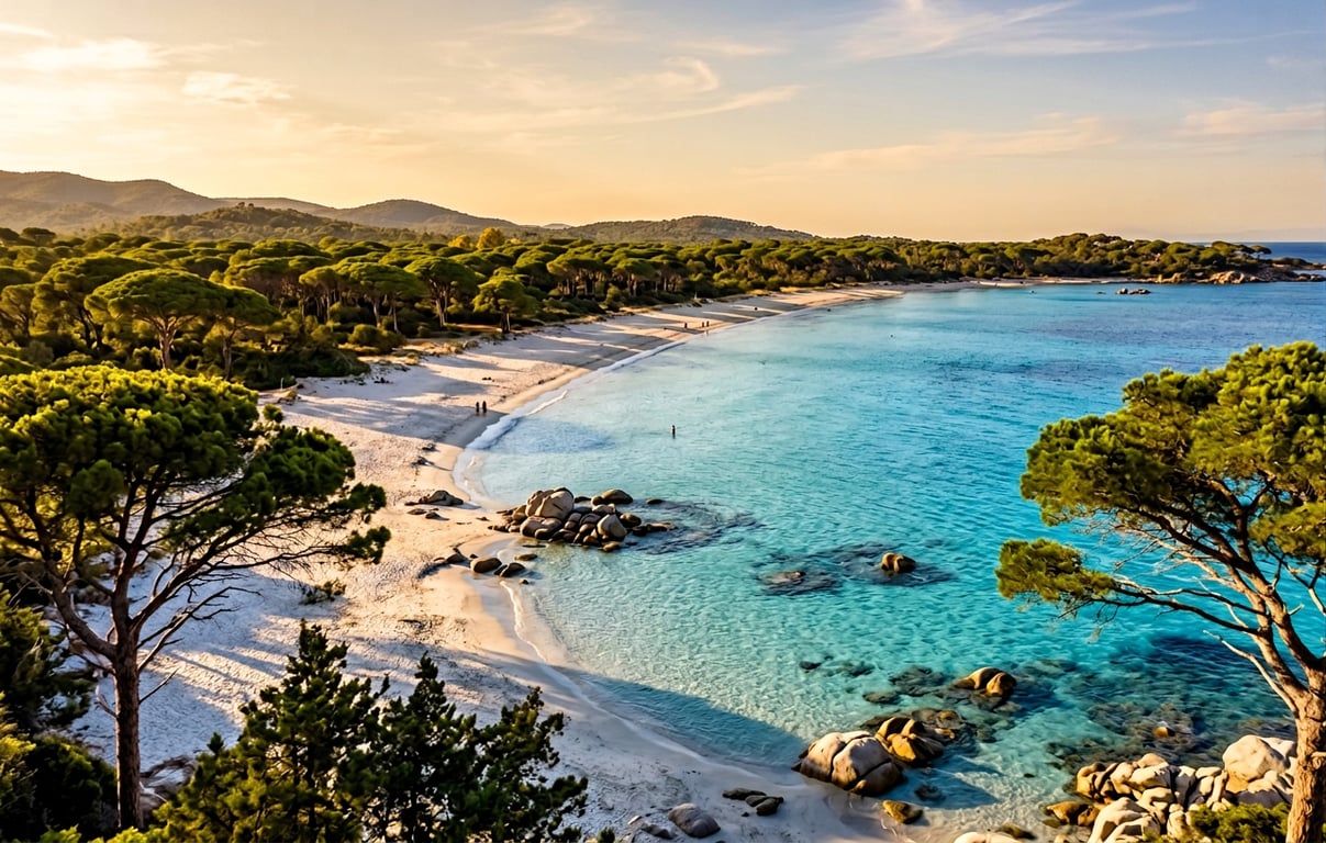 Plaja Palombaggia din Corsica cu nisip alb, ape turcoaz și pini mediteraneeni