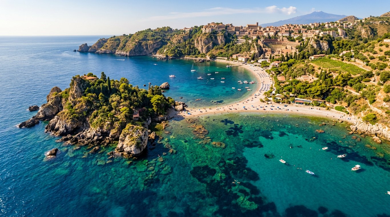 Isola Bella lângă Taormina cu insulița conectată de continent printr-o fâșie de nisip