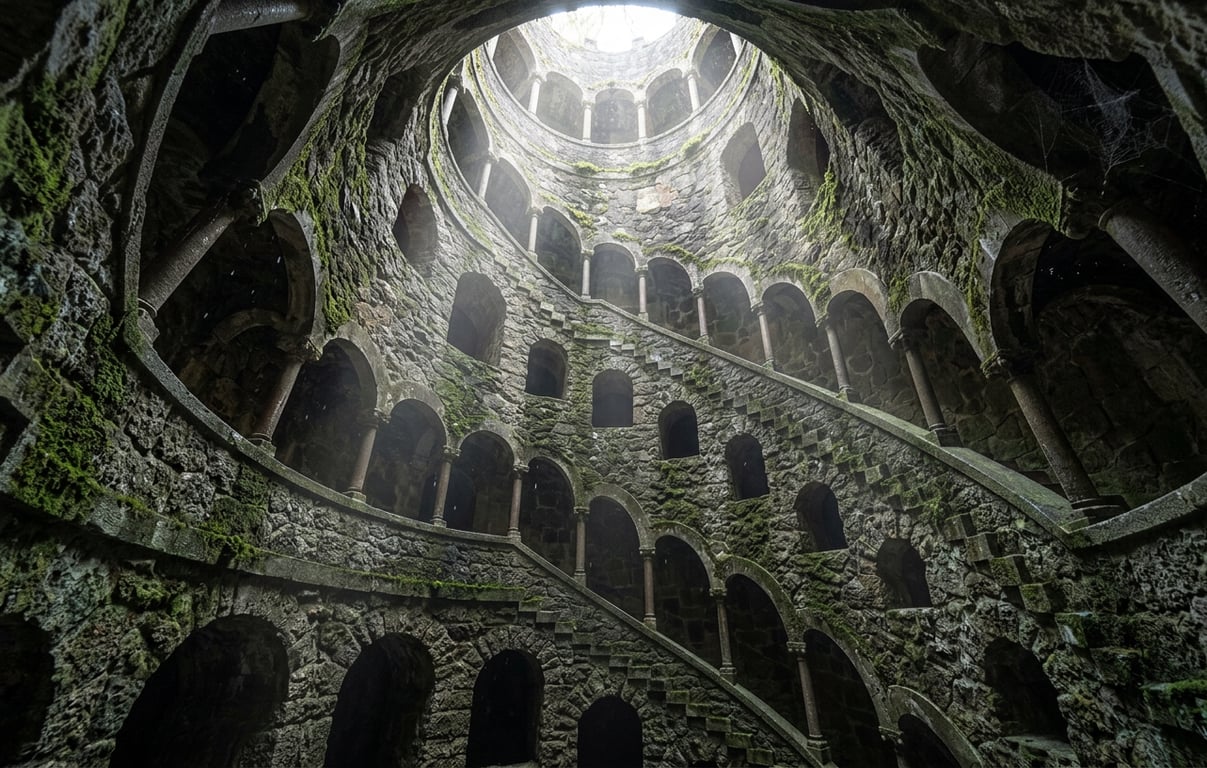 Fântâna Inițierii de la Quinta da Regaleira cu scările în spirală coborând în adâncime