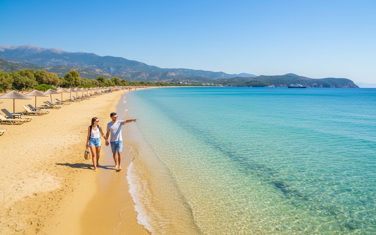 Plaja Golden Beach din Thassos cu nisip auriu și apă cristalină