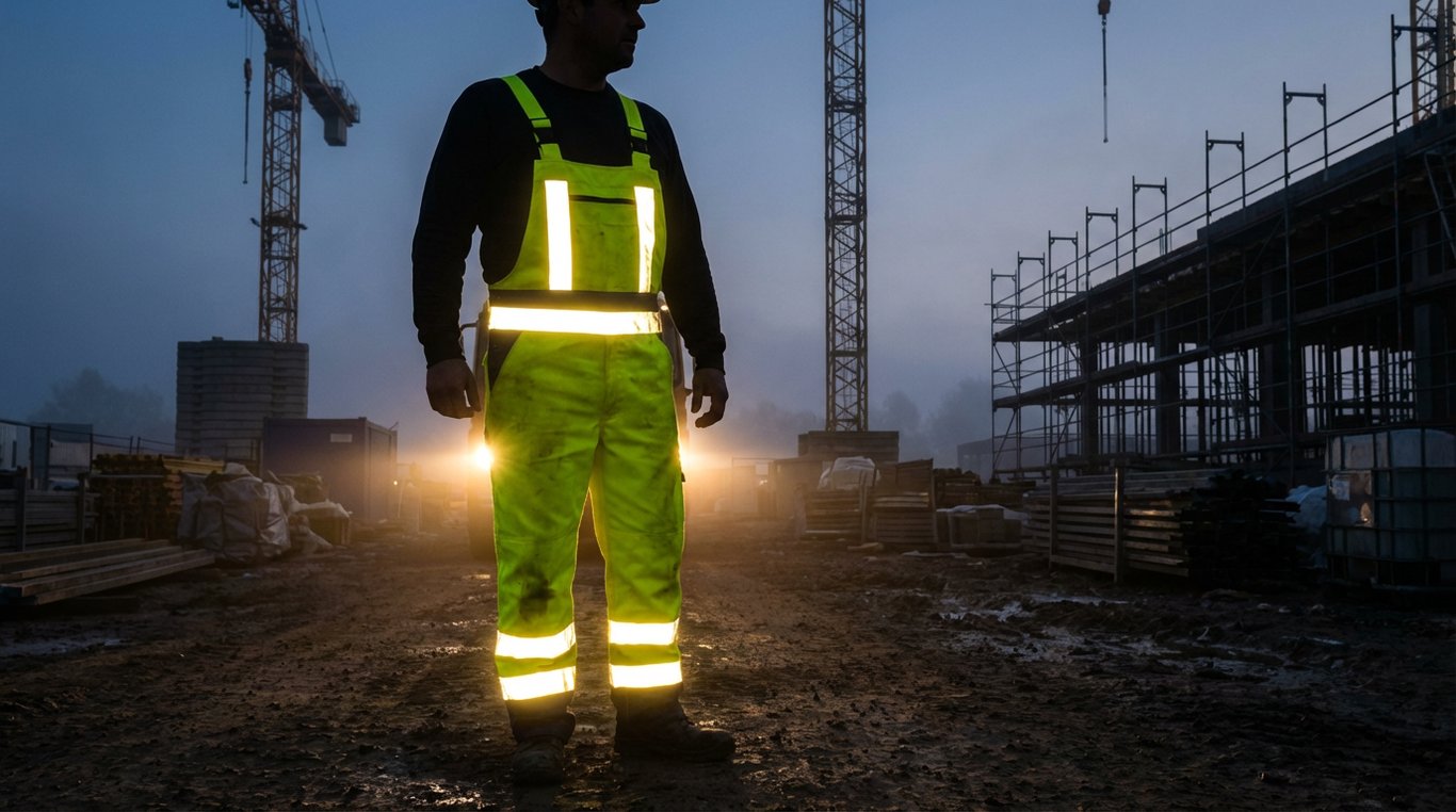 Muncitor in salopeta reflectorizanta vizibil pe santier in conditii de lumina scazuta
