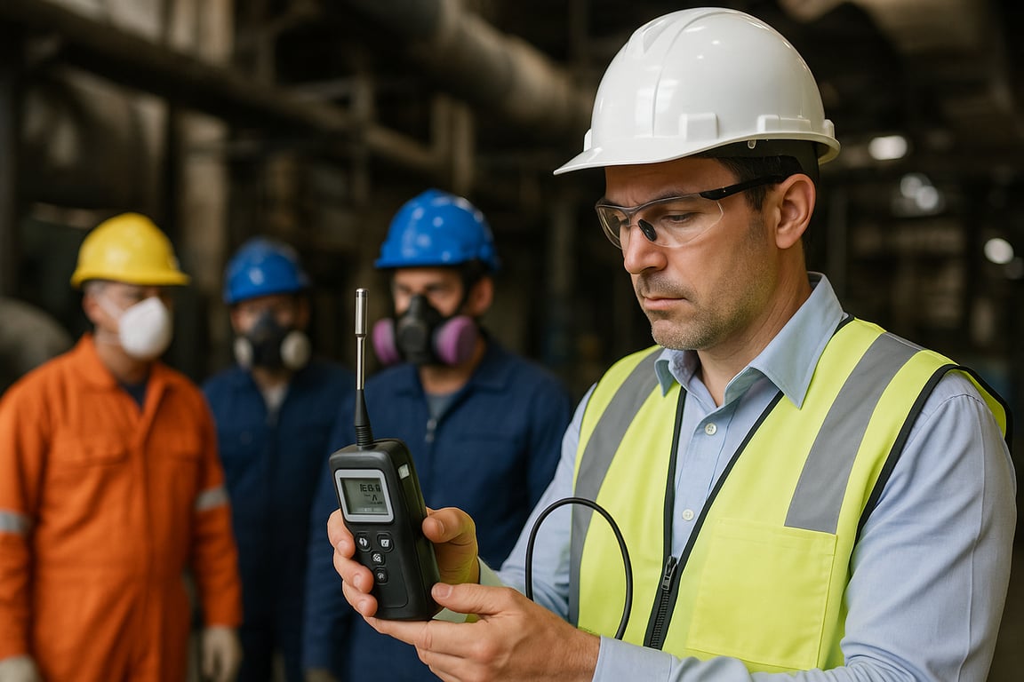 A photorealistic shot capturing a safety expert conducting a workplace risk assessment, using air quality monitoring equipment in an industrial environment, with workers wearing different types of respiratory protection in the background, emphasizing the importance of proper risk evaluation for selecting appropriate protective gear, with a focus on accuracy and prevention.