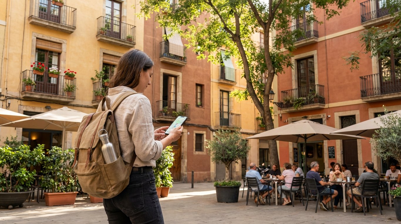 Turist cu hartă smartphone explorând piațetă Gràcia Barcelona cafenele locale atmosferă