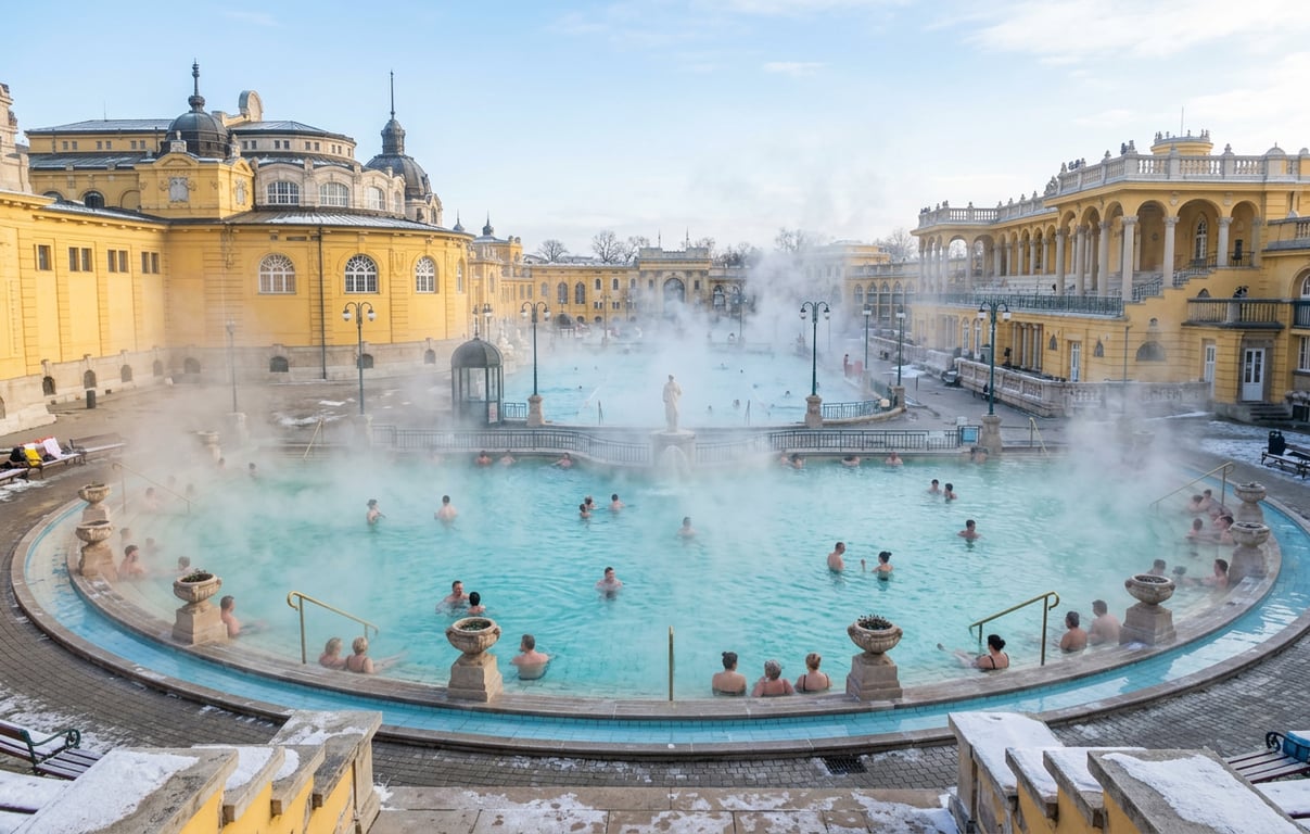 Băile termale Széchenyi cu piscine exterioare fumegânde și arhitectură neobarocă în Budapesta