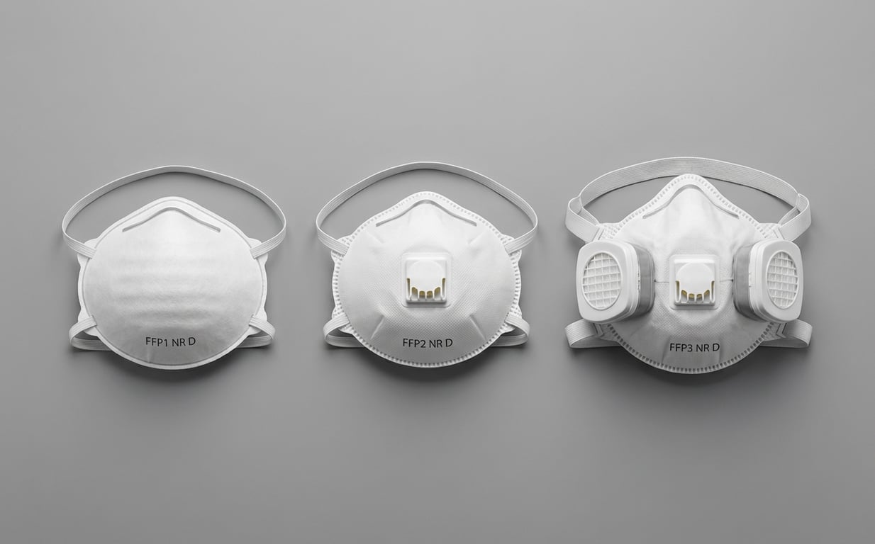 Trei masti de protectie respiratorie FFP1, FFP2 si FFP3 aliniate pentru comparatie