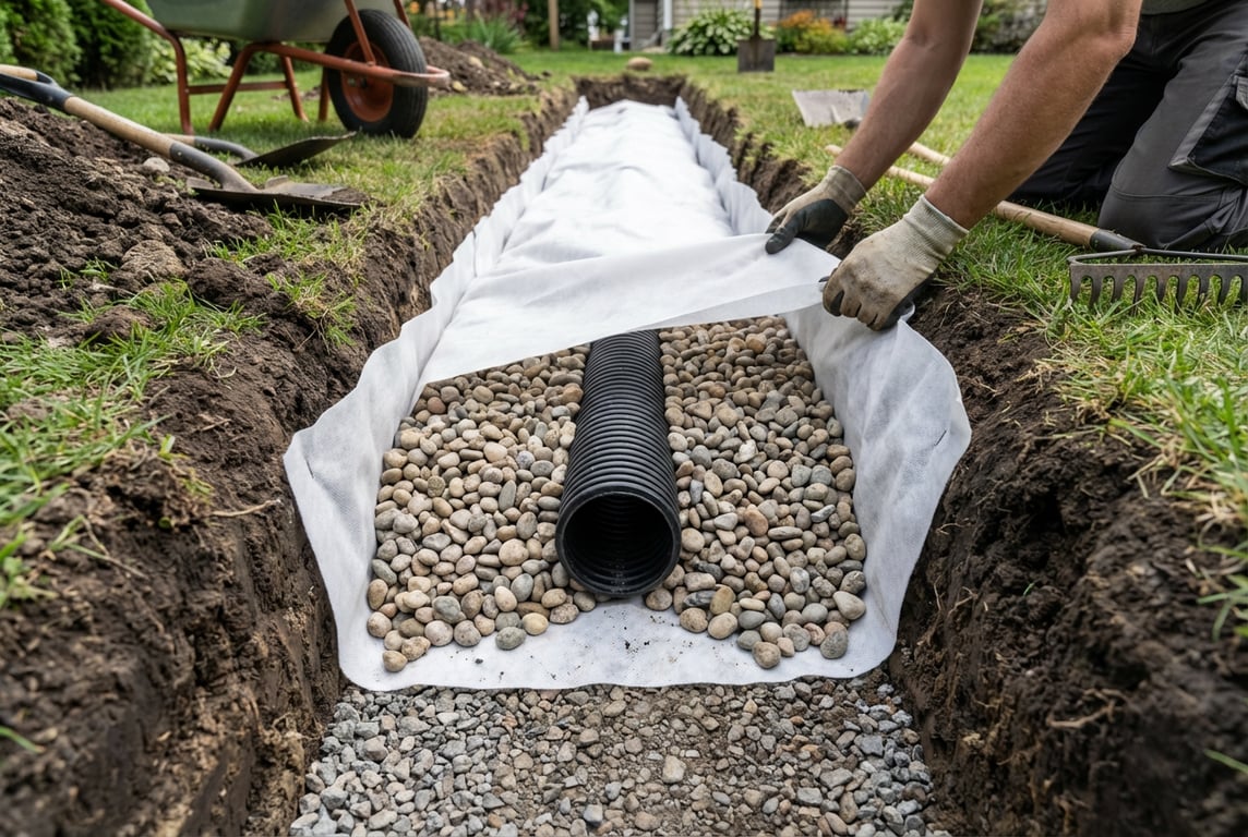 Instalare sistem drenaj francez cu tuburi perforate și pietriș în șanț