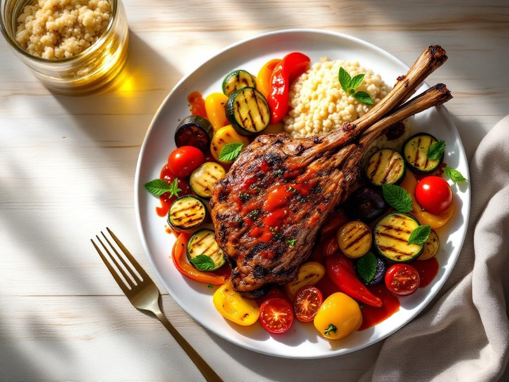 Farfurie cu miel la cuptor, legume colorate la grătar și sos picant roșu