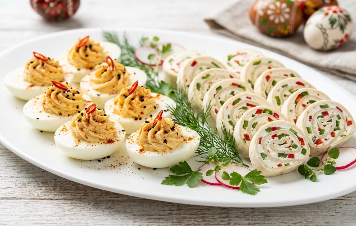 Ouă umplute cu maioneză picantă și rulouri aperitiv cu brânzeturi pe platou festiv