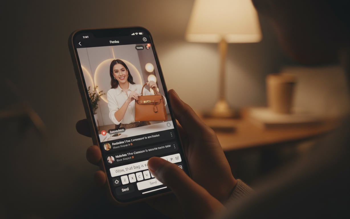 Viewer typing a comment in a live shopping chat while watching a product demonstration