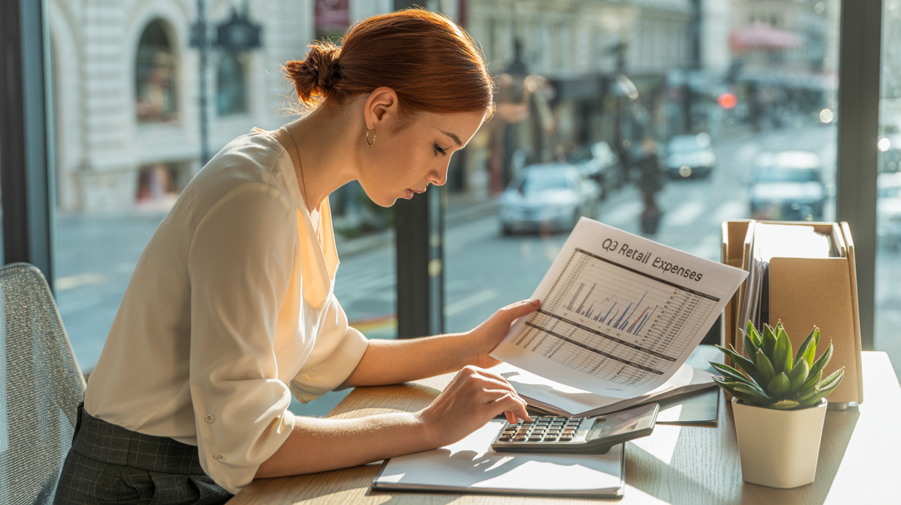 Woman meticulously planning retail expenses in a modern, sunlit office.
