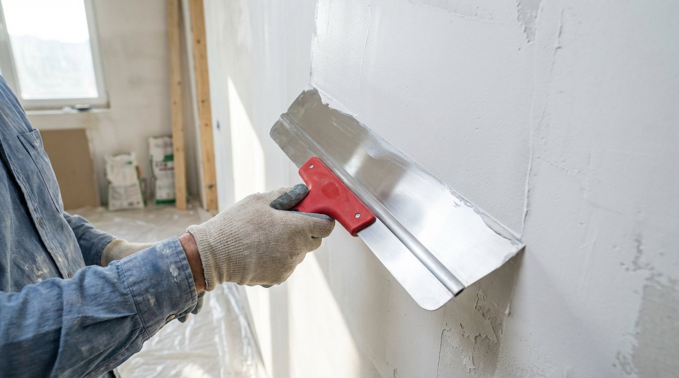 Muncitor aplicând glet pe perete cu spaclu inoxidabil profesional