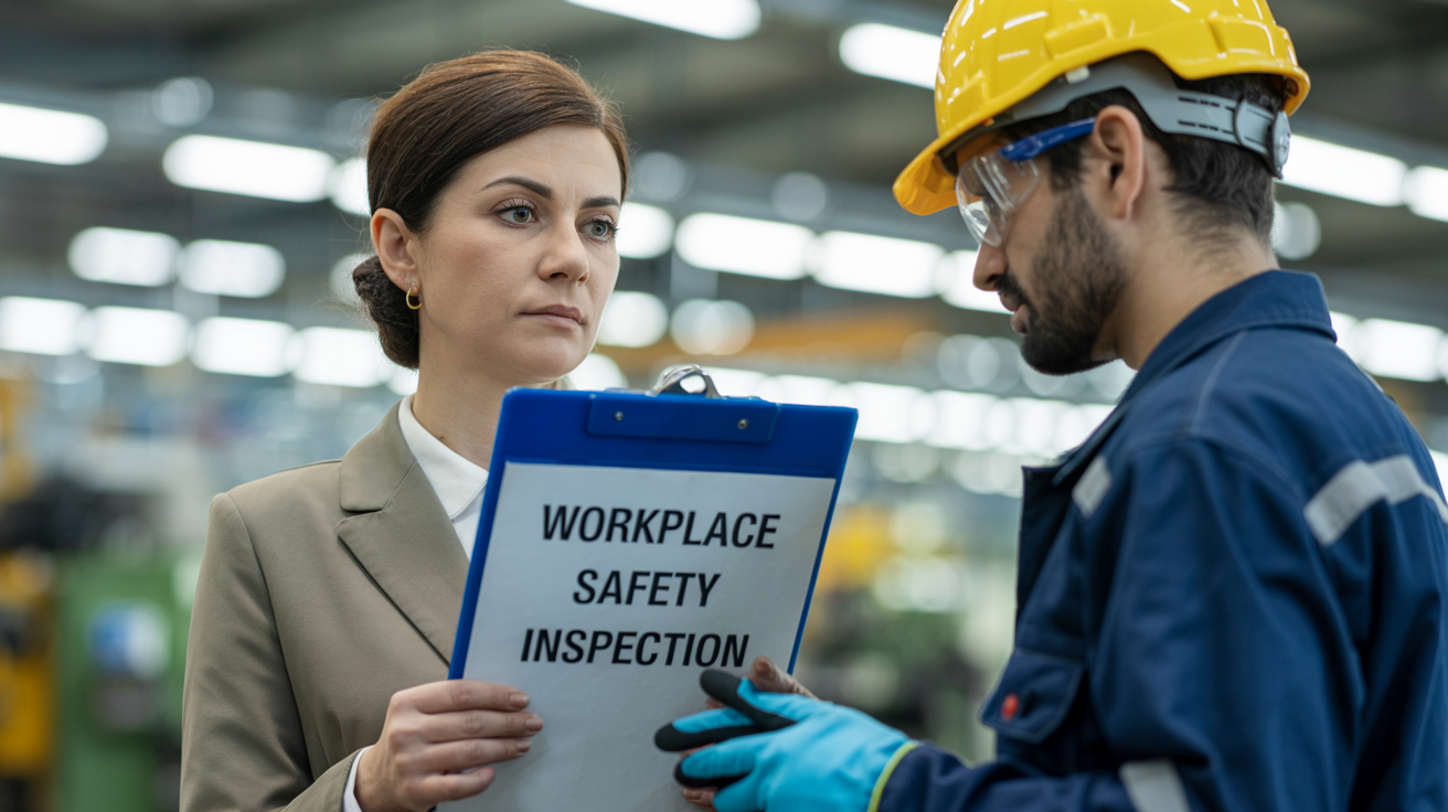 Inspector de muncă verificând echipamentele de protecție într-o fabrică.