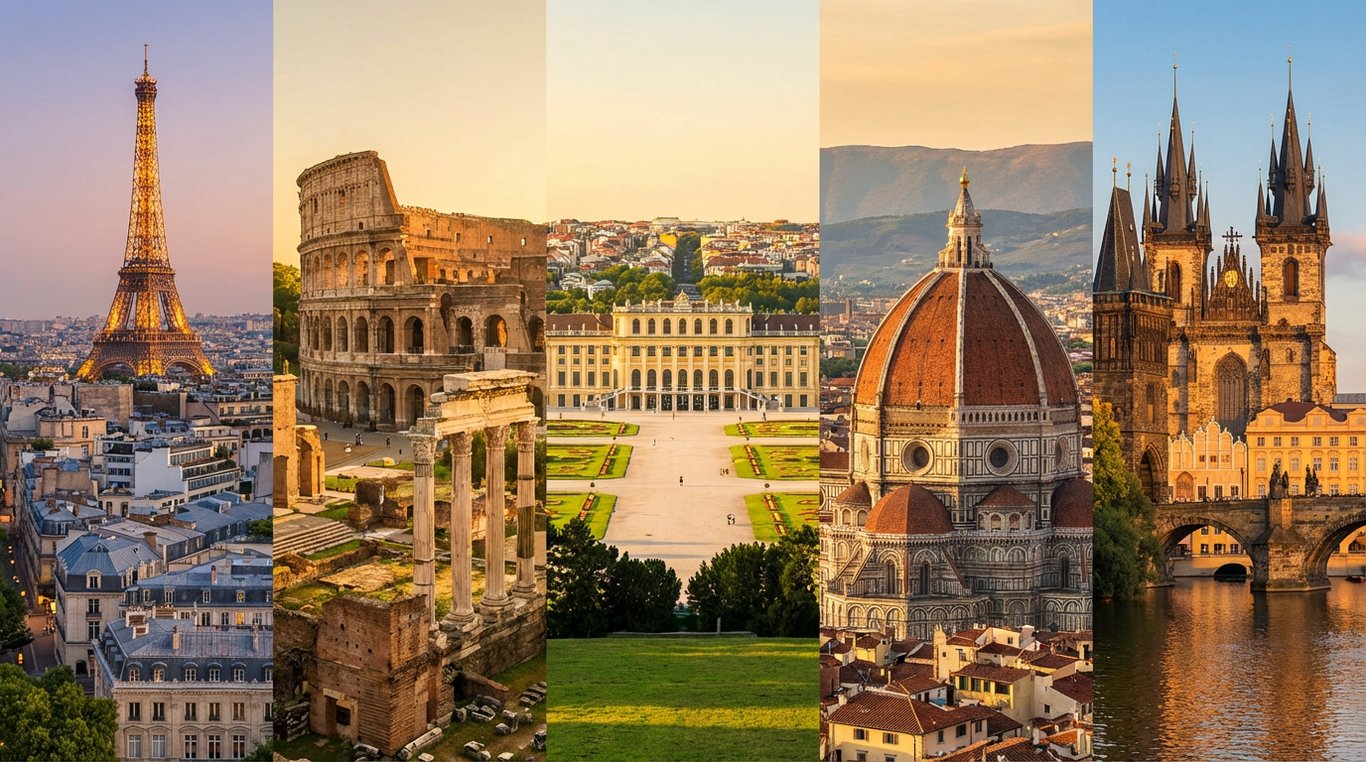 Colaj artistic cu cele cinci capitale culturale europene: Paris, Roma, Viena, Florența și Praga