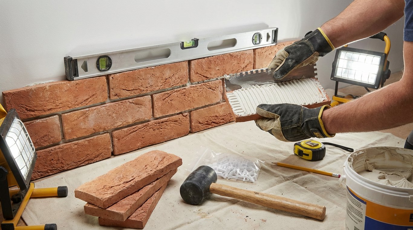 Proces de montaj cărămidă decorativă: aplicare adeziv, poziționare plăci și verificare nivel