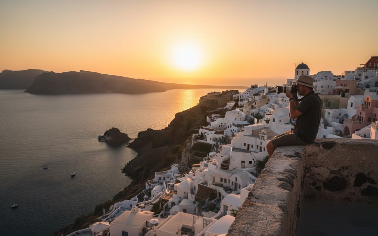 Fotograf surprinzând apusul de soare spectaculos din Oia Santorini cu caldera în fundal