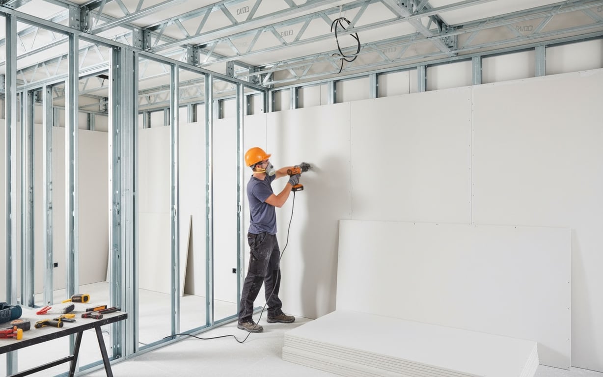 Muncitor instalând rapid plăci de gips carton pe structură metalică în interior modern