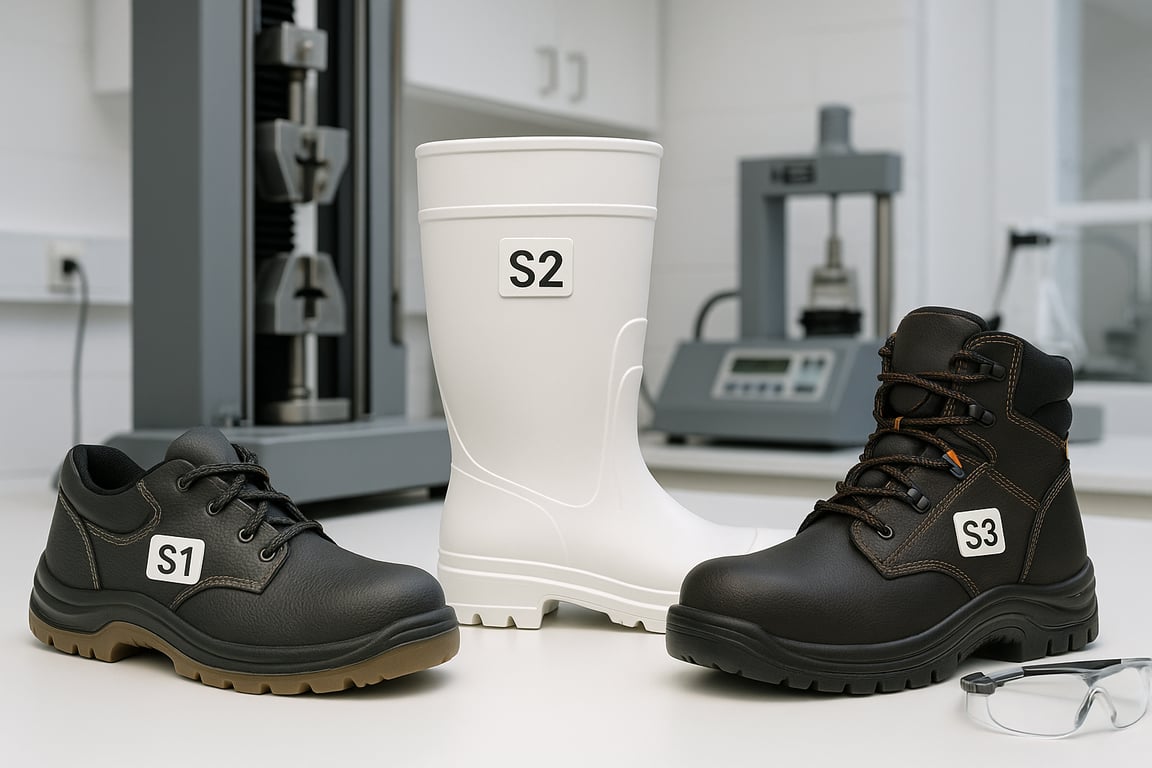 A photorealistic shot capturing a variety of safety boots arranged in a laboratory setting, each labeled with its respective safety rating (S1, S2, S3). The boots are placed on a clean, white surface with laboratory equipment visible in the background, such as testing machines and safety goggles. The lighting is bright and even, highlighting the different features and markings of each boot, emphasizing the importance of safety standards in protective footwear.