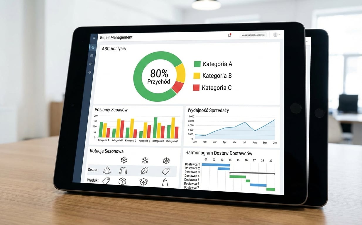 Dashboard systemu zarządzania asortymentem z analizą ABC i danymi sprzedażowymi kategorii produktowych