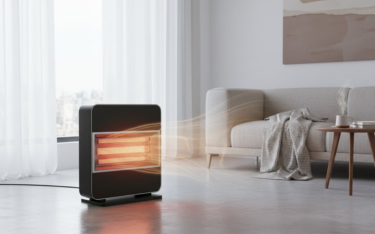 Aerotermă electrică modernă cu element ceramic în funcțiune într-o cameră