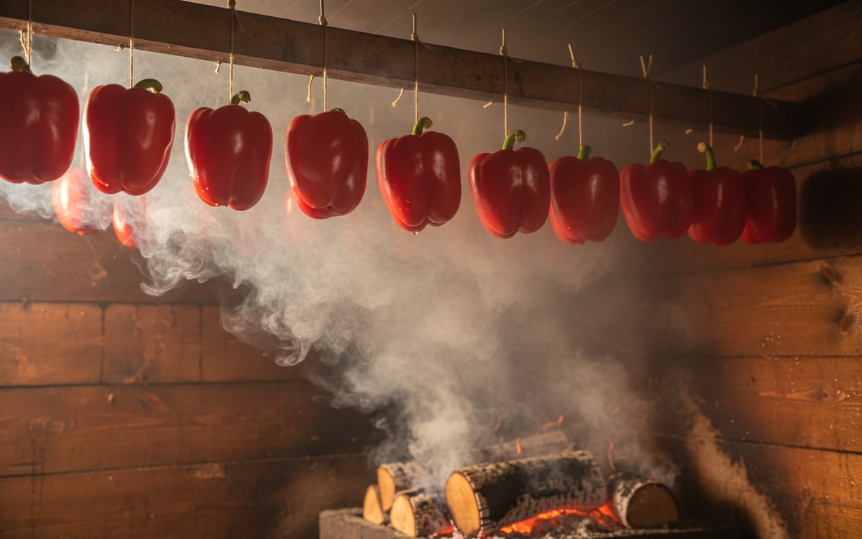 Ardei roșii dulci uscându-se în cameră de afumare tradițională