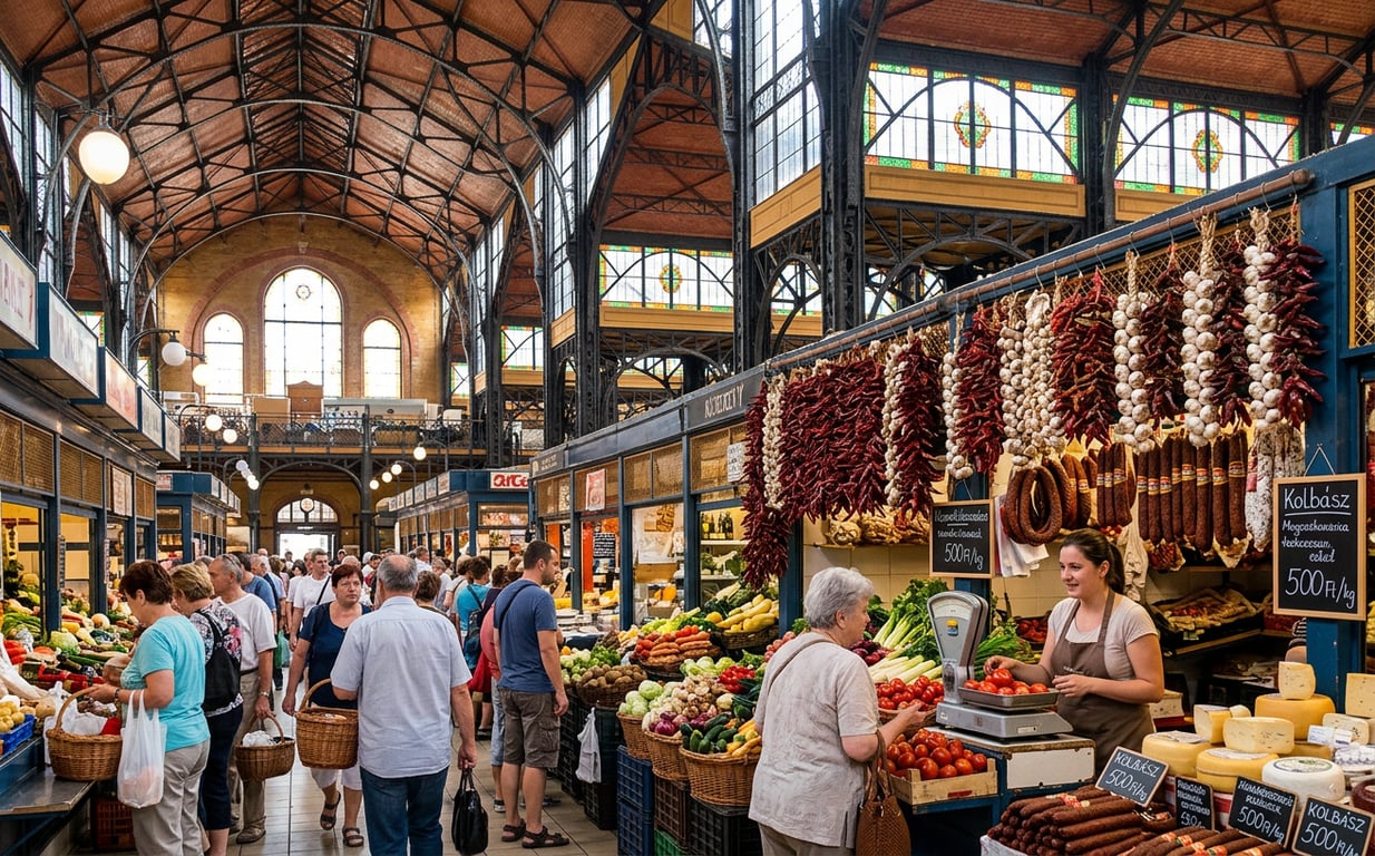 Interior al Pieței Centrale din Budapesta cu standuri colorate și arhitectură tradițională