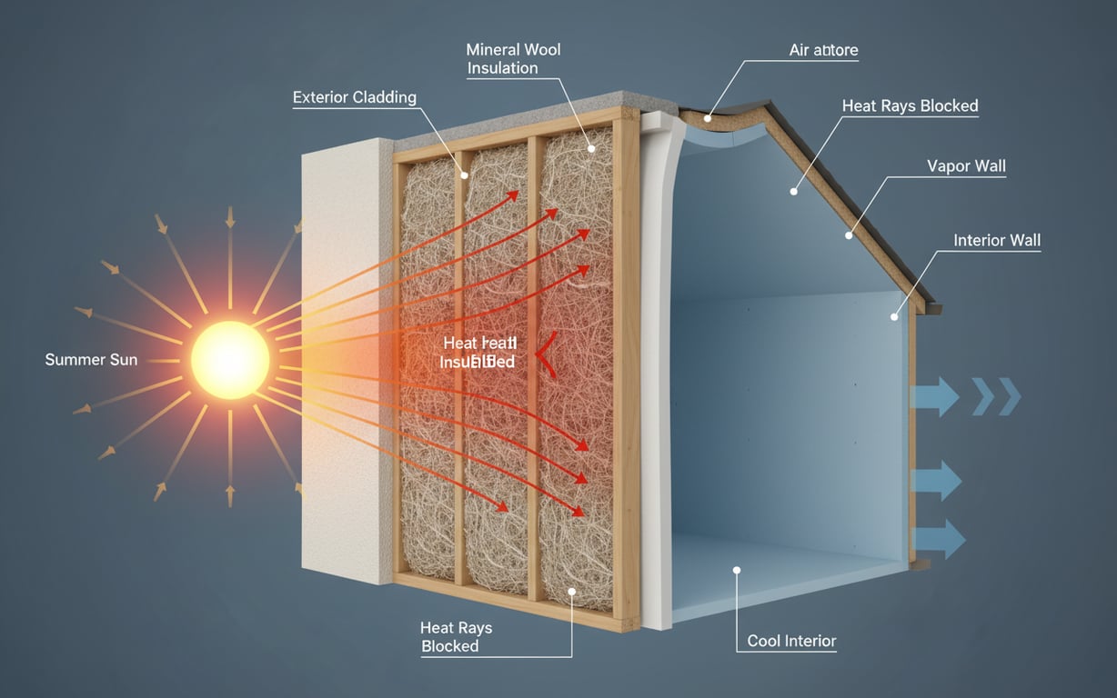 Secțiune verticală printr-un perete izolat, cu radiații solare oprite la nivelul termosistemului