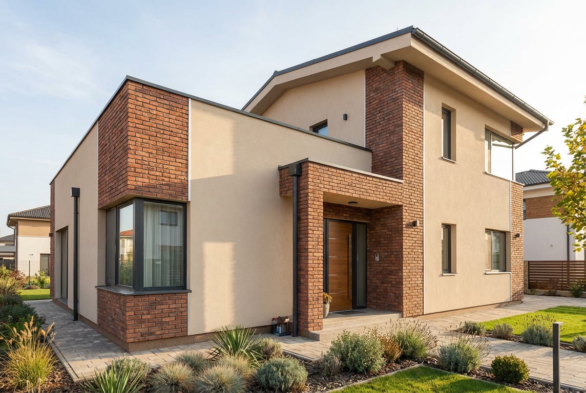 Fatada casa combinand caramida decorativa rosie cu tencuiala bej moderna