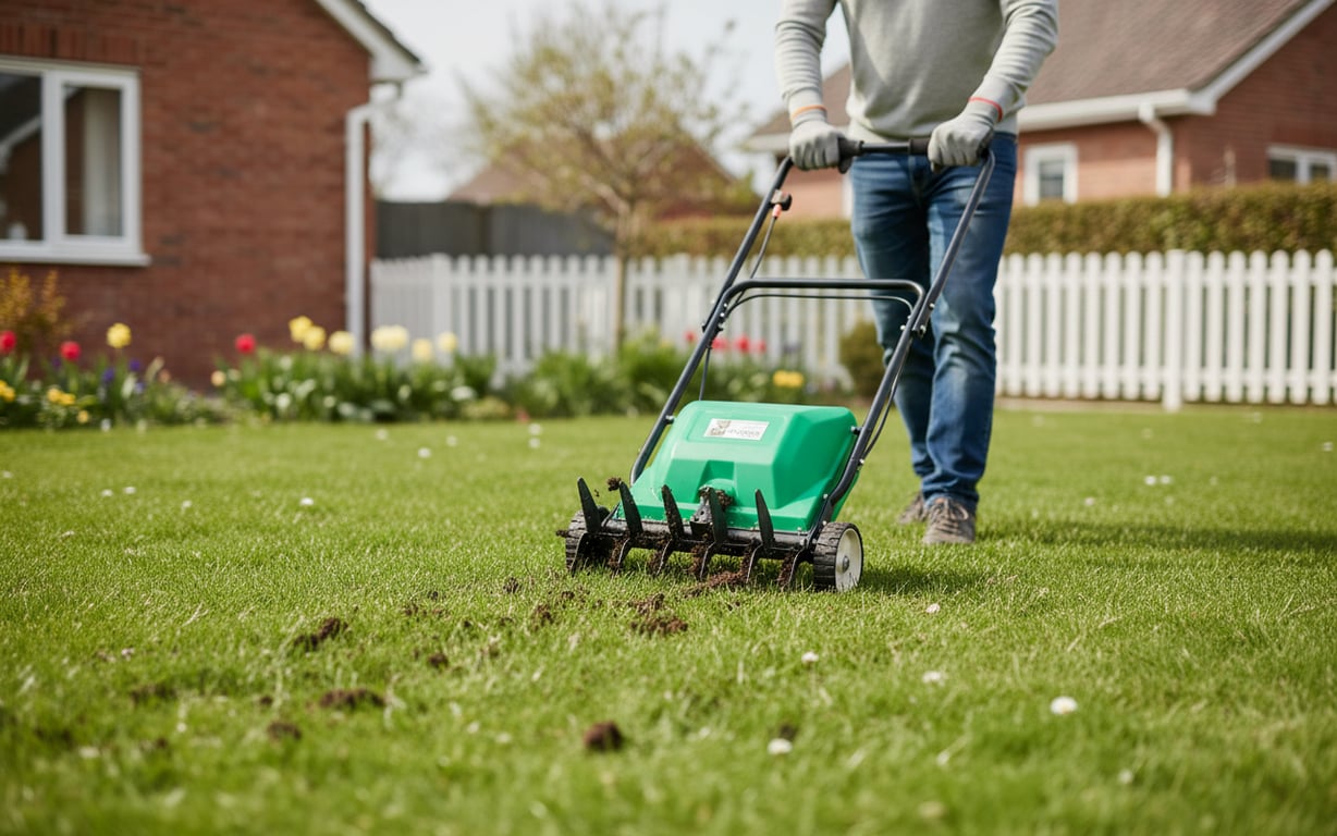 Aerare gazon cu dispozitiv cu tuburi goale pe peluză verde primăvara
