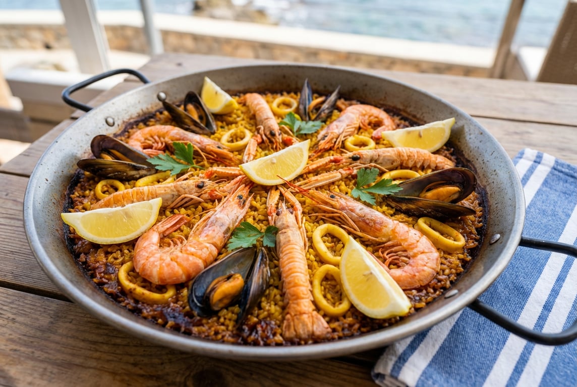 Paella catalană cu fructe de mare proaspete în tigaie tradițională paellera din Barcelona