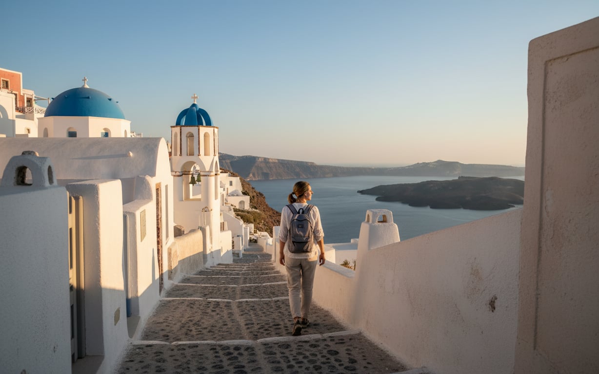 Turist cu bagaj mic pe străzile albe din Fira Santorini în lumina dimineții