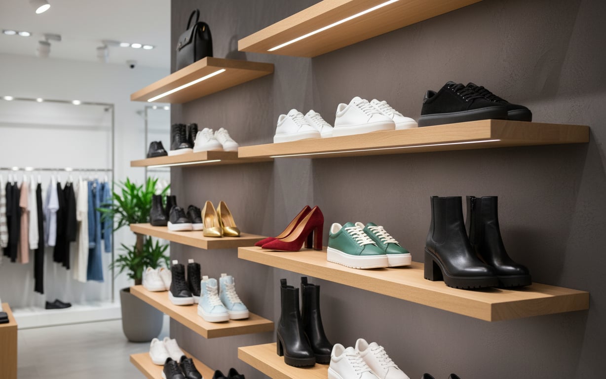Różnorodne markowe buty ułożone na półkach w nowoczesnym butiku modowym