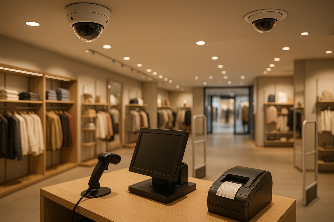 A photorealistic shot capturing a modern retail store interior with visible security cameras mounted on the ceiling, EAS pedestals at the exit, and a POS system in operation at the checkout counter, showcasing the integration of various anti-theft devices, with soft, ambient lighting and a focus on the technology in use.