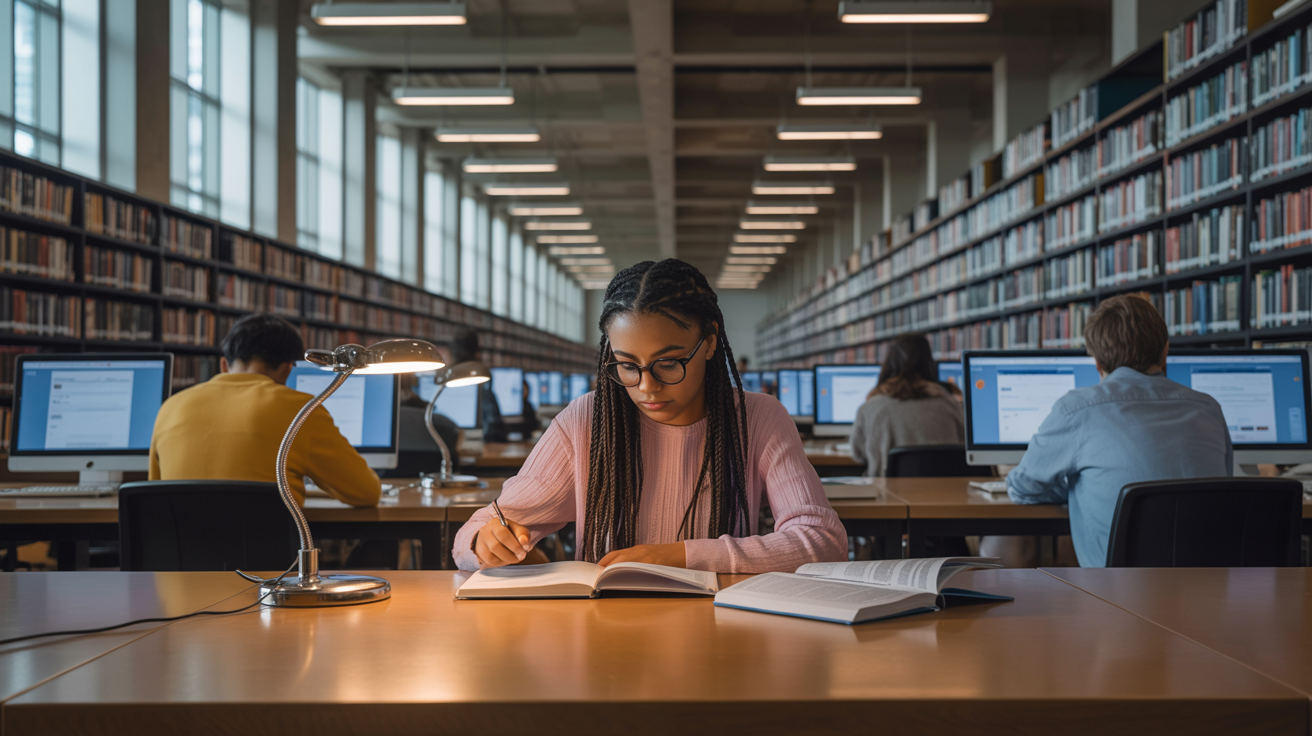 Students studying in a modern library, choosing universities abroad